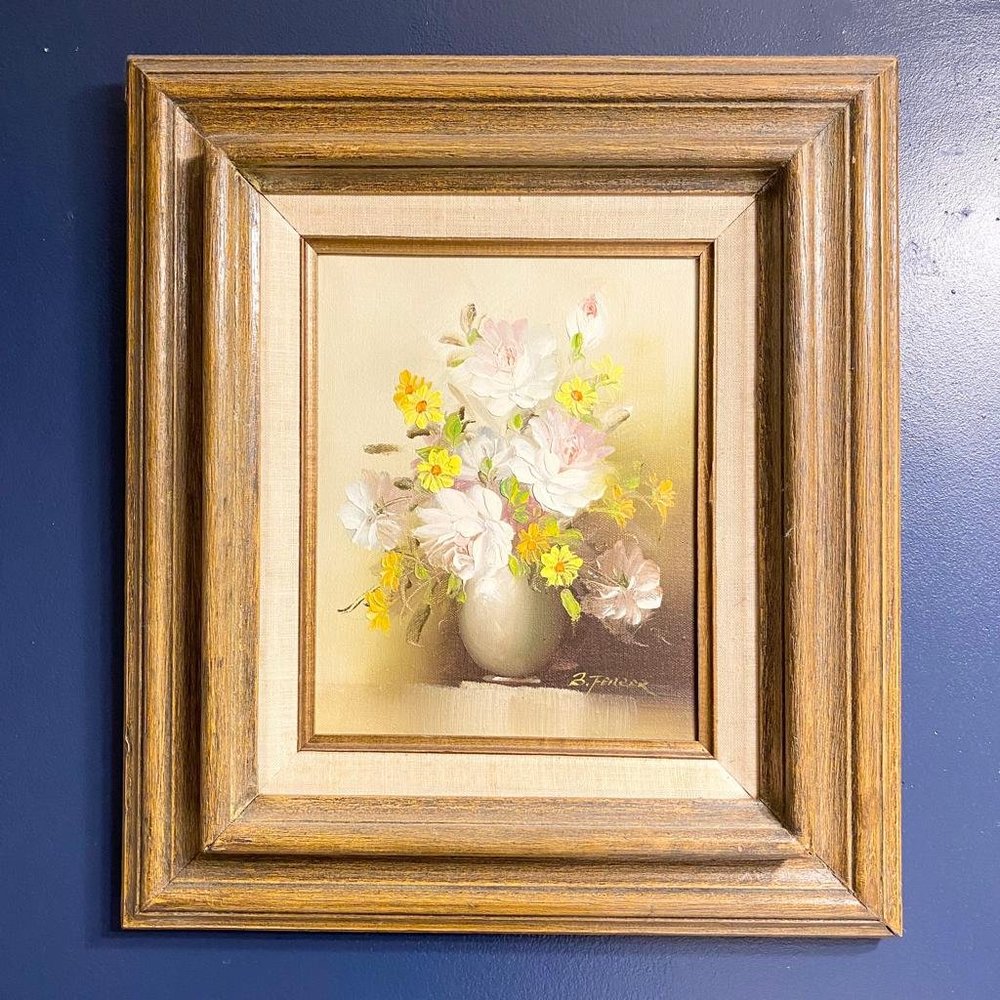 Vintage B. Ferber Floral Oil Painting - Matted Wood Frame